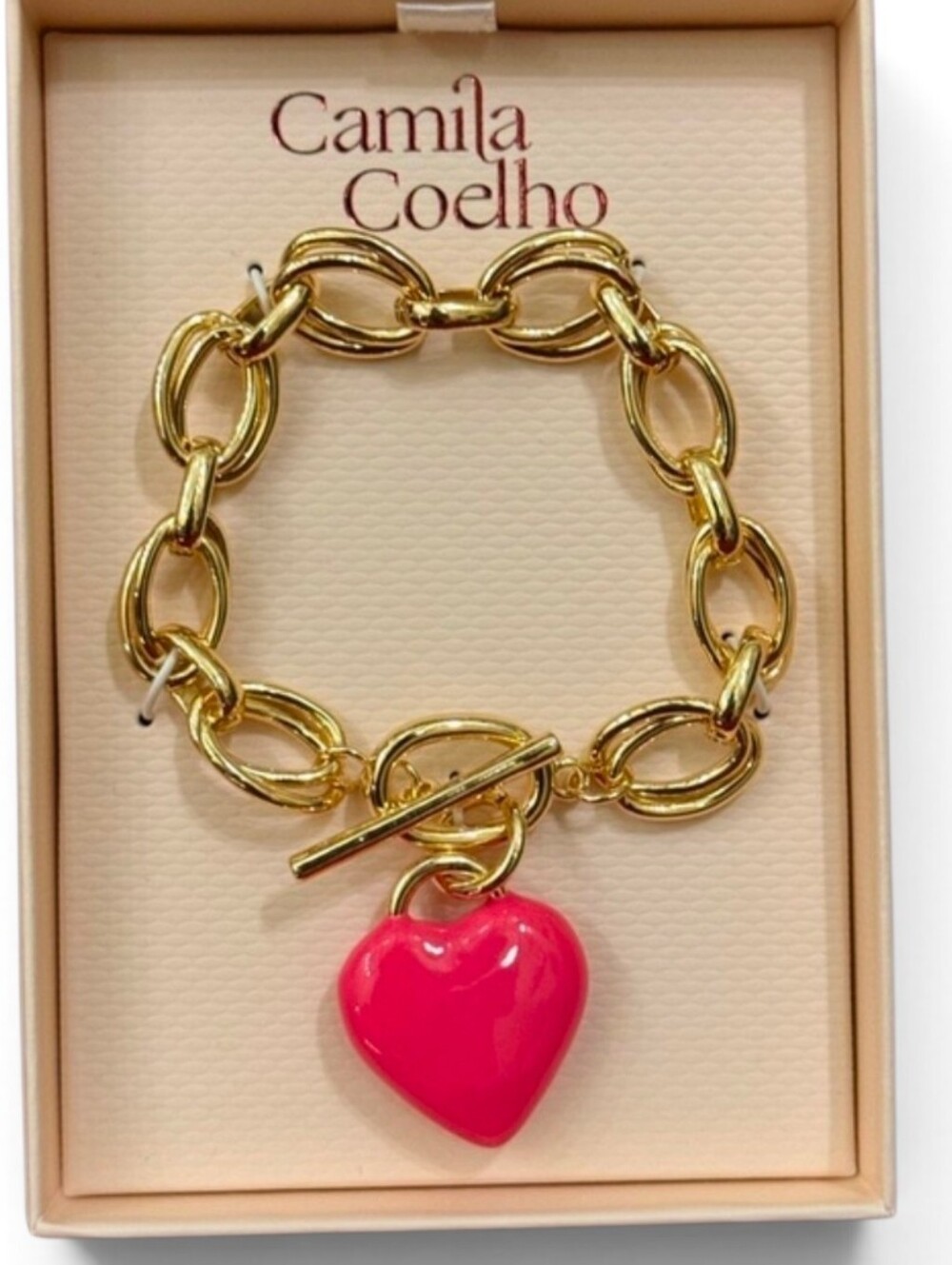 💕▪️Camila Coelho▪️ Gold Link Bracelet with Hot Pink Heart Charm